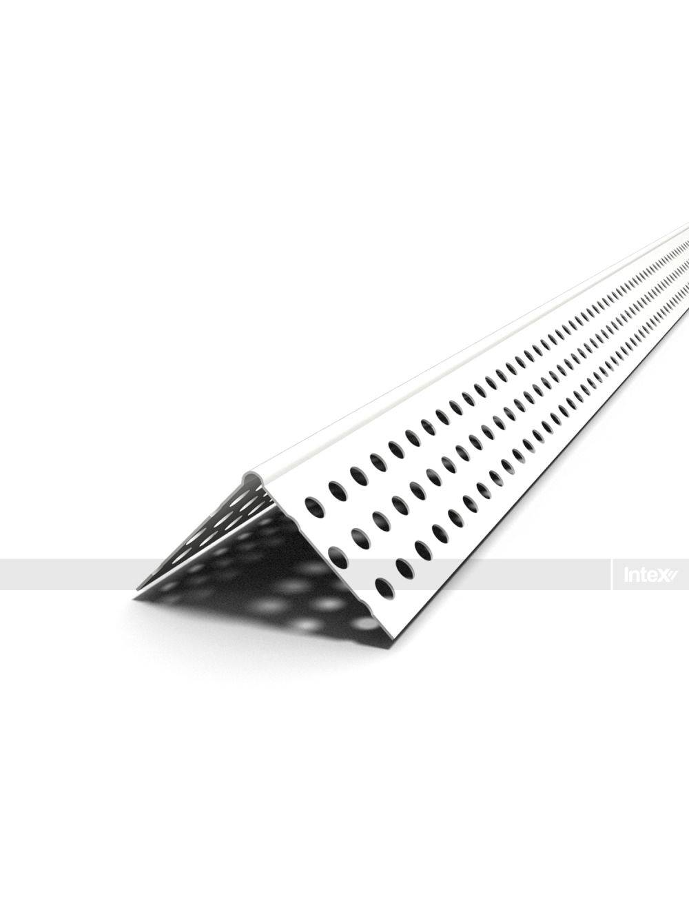 White perforated metal corner piece with oval holes, forming a sharp V-shaped channel.