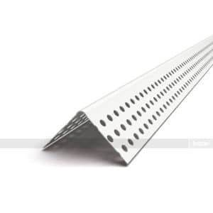 Angled perforated metal strip with evenly spaced holes, used as drywall corner trim