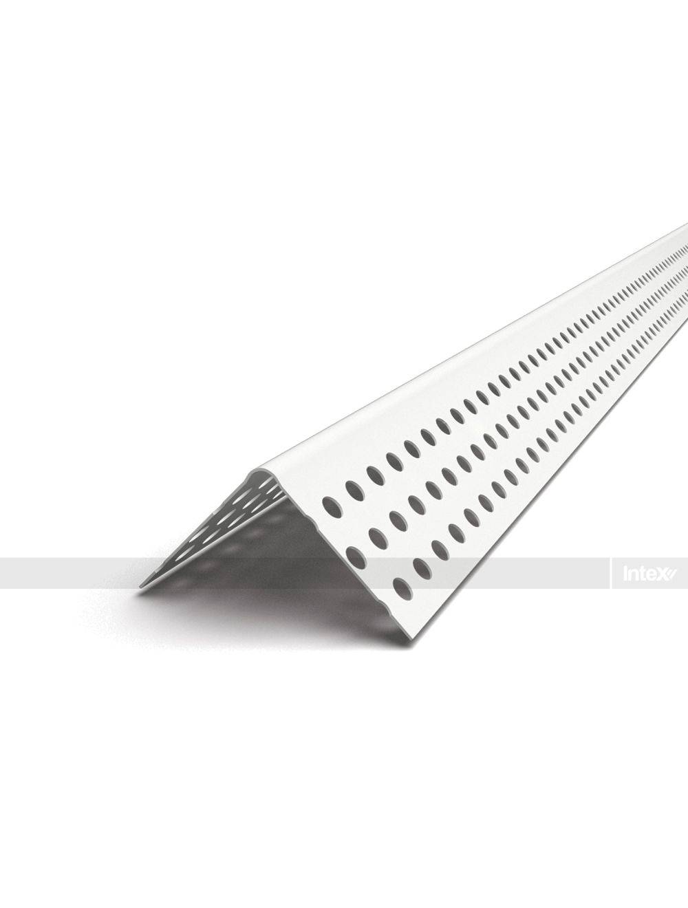 Angled perforated metal strip with evenly spaced holes, used as drywall corner trim