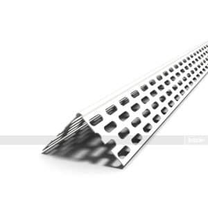 Long perforated metal strip (corner bead) with square holes, bent at a 90-degree angle for plaster/drywall reinforcement.