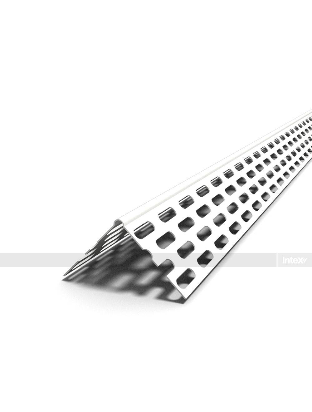 Long perforated metal strip (corner bead) with square holes, bent at a 90-degree angle for plaster/drywall reinforcement.