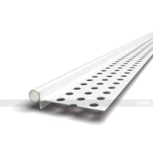 White perforated metal cable tray with evenly spaced circular holes, shown at an angle.