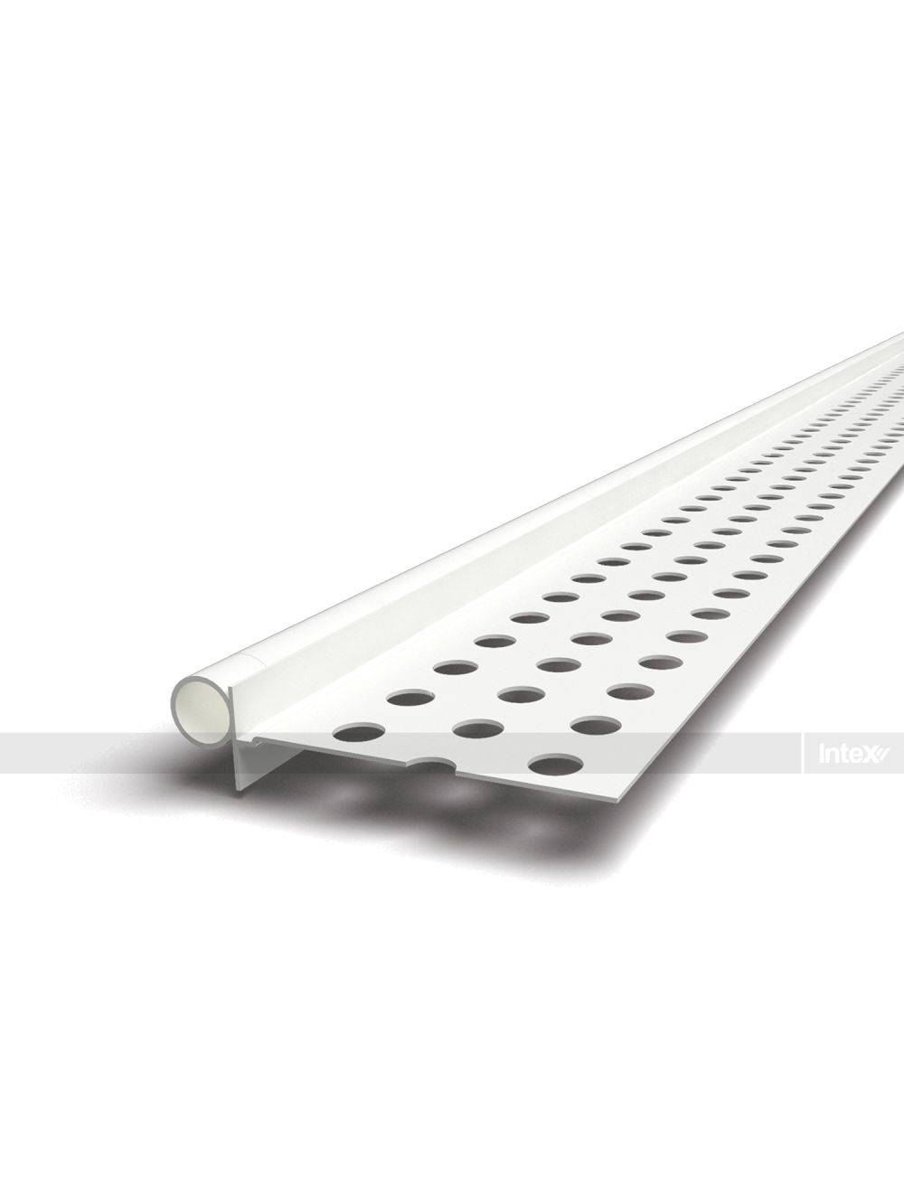 White perforated metal cable tray with evenly spaced circular holes, shown at an angle.