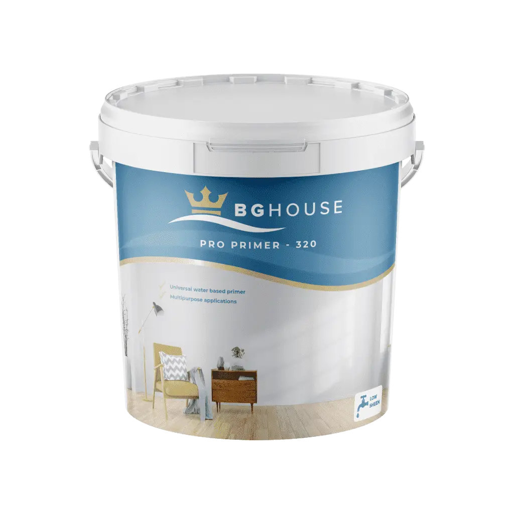 Paint bucket with white lid and blue label that reads 'BG House Pro Primer 320' in a home interior setting on the label.