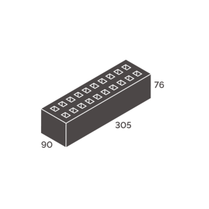 Isometric view of a long rectangular multi-terminal block with rows of small square openings on top.