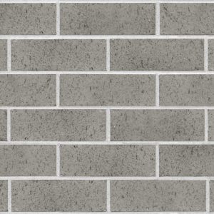 Grey brick wall with evenly spaced white mortar joints in a running bond pattern.