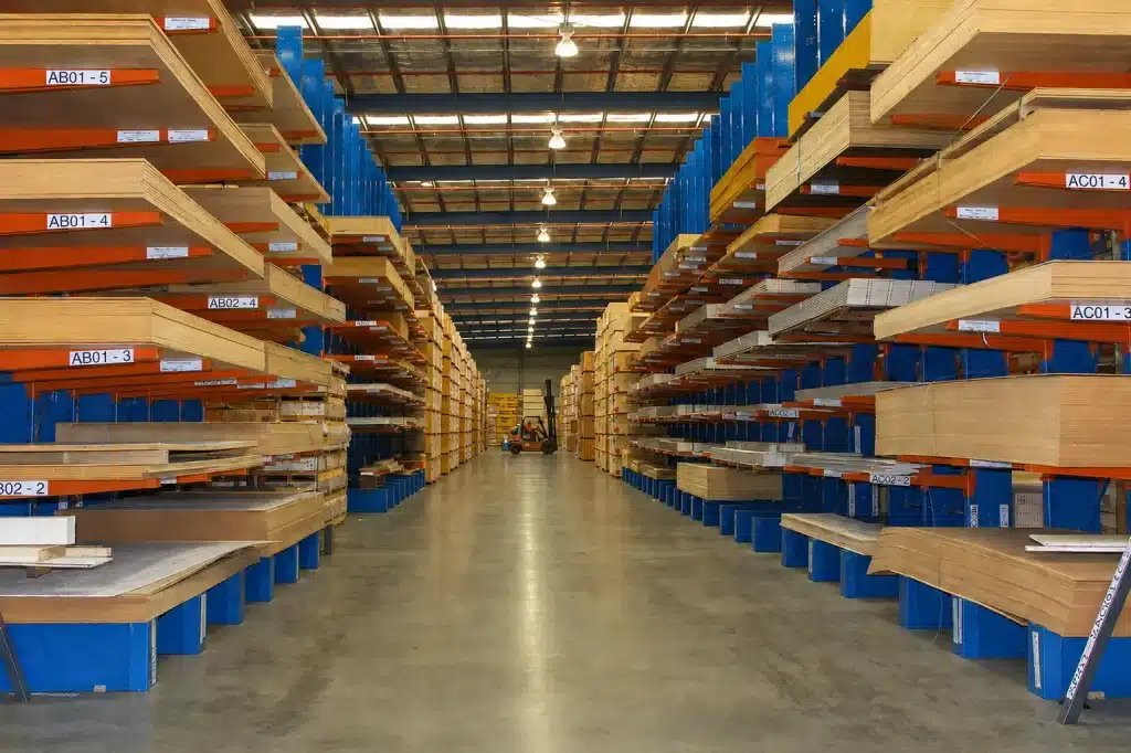 A large warehouse aisle with tall shelves of wood boards on both sides and a forklift in the distance.