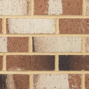 Close-up of a brick wall with red, tan, and cream bricks and light beige mortar.