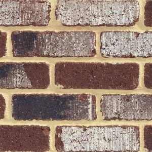 Close-up of a red brick wall with light tan mortar between bricks.