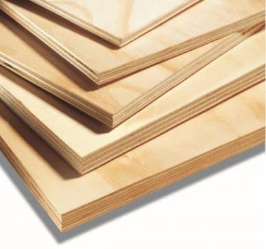 Stack of plywood sheets with visible wood grain and layered edges on a white background.