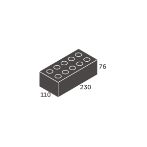 Isometric diagram of a 2x4 brick with eight studs and dimension labels: 110, 230, 76.