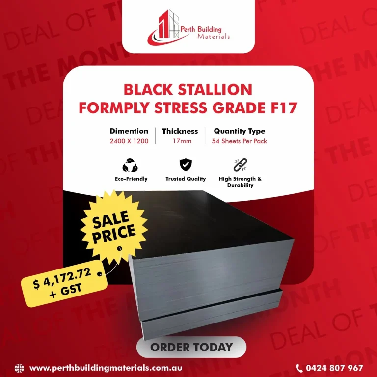 Red ad poster for Perth Building Materials promoting Black Stallion Formply F17 with sale price tag and 'Order Today' CTA.