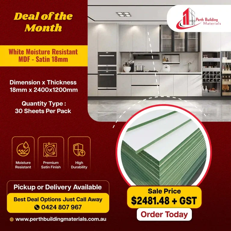 Promotional banner for Perth Building Materials showing a red panel with 'Deal of the Month' and a modern kitchen image on the right, plus the company logo.