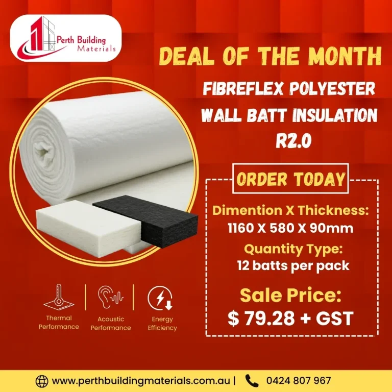 Promotional banner for Perth Building Materials: Fibreflex Polyester Wall Batt Insulation R2.0 – 1160x580x90mm, 12 batt per pack, $79.28 + GST.