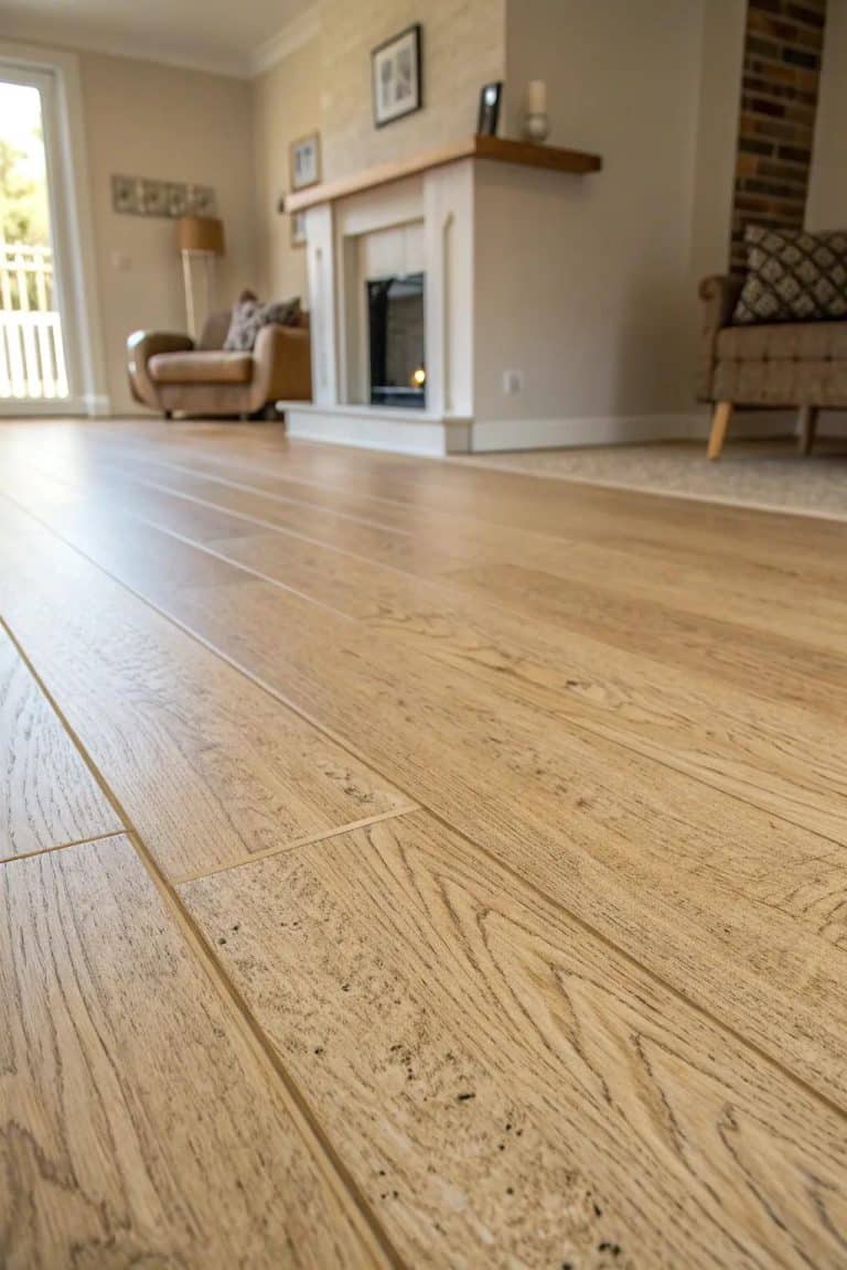 Low-angle view of a light wooden living-room floor leading to a fireplace and seating area.