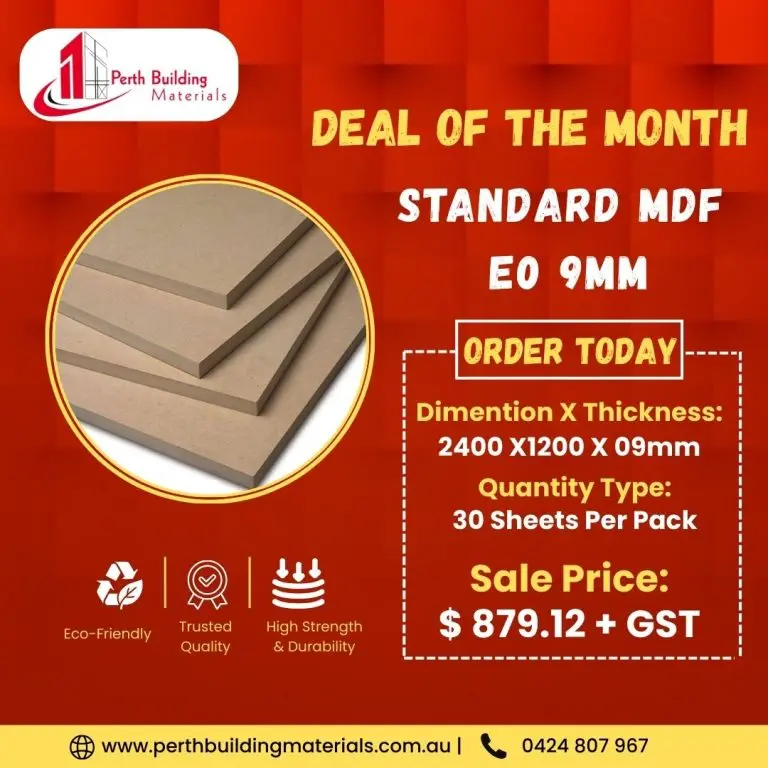 Ad for MDF panels: Standard MDF 9mm, 2400x1200, 30 sheets/pack, price 879.12 + GST; orange promo background with logo in corner.