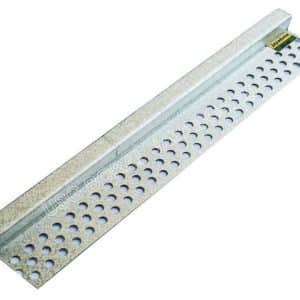 Galvanized steel drainage channel with a perforated bottom, designed to collect and channel water.