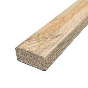 Unfinished pine wooden board with rounded edge and visible grain texture, laid diagonally across a white background.