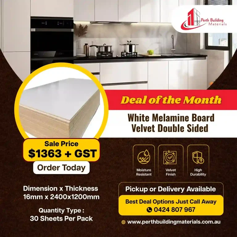 Advertisement banner for Perth Building Materials promoting white melamine board Velv et Double Sided with sale price $1363 + GST and 'Order Today'.