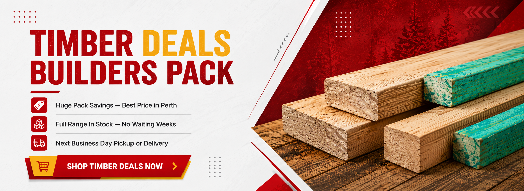 Promotional timber deals banner with bold red/orange text, benefits listed on the left and stacked lumber on the right, plus a red “Shop Timber Deals Now” button.