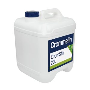 White 20L plastic container with a dark blue screw cap and a Crommelin CromStik label on the side of the jug.