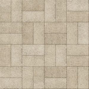 Beige rectangular concrete paving stones arranged in a geometric interlocking pattern (herringbone-like).