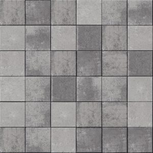 Close-up of gray concrete square tiles laid in a uniform grid (paving stones) on a walkway or patio.