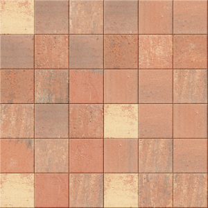 Close-up of a grid of square reddish-brown paving bricks with subtle color variation and grout lines between each tile.