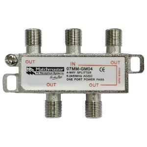 Matchmaster 07MM-GM04 TV Splitter Box, 4 Way F-Type Splitter 5-2450MHz AC/DC Power Pass, Frequency range: 5-2450MHz, AC/DC single port power pass