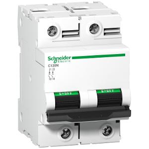 Schneider A9N18361 Acti9 Series Miniature Circuit Breaker, MCB, 2 Pole, 80A, 415V, C Curve, 10KA, Din Rail Mount, 3 Module, C120N