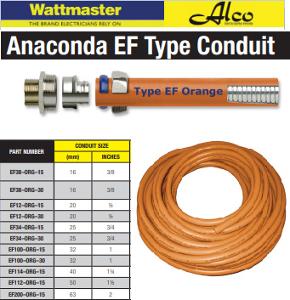 Anaconda EF34-ORG-15, Conduit Flexible Liquidtight Type EF Durable, sunlight resistant, orange thermoplastic PVC cover –20°C to +60°C, IP67, 25mm Diameter, 15 Metre Roll