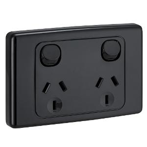 Clipsal 2025-BK 2000 Series GPO, Double, Powerpoint, Switchplug Combination, Single Pole, Flush, Horizontal, 250V 10A, 3 Pin, Black