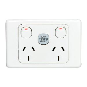 Clipsal 2025SF-WE 2000 Series GPO, Double, Powerpoint, Switchplug Combination, with Surge Protection, Single Pole, Flush, Horizontal, 250V 10A, 3 Pin, White Electric