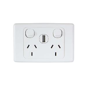 Clipsal 2025USBC-WE 2000 Series GPO, Double, Powerpoint, Switchplug Combination, with 1 x 30USBCM USB Mech, Single Pole, Flush, Horizontal, 250V 10A, 3 Pin, White Electric