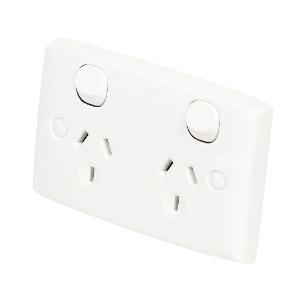 Clipsal 25-WE Standard Series GPO, Double, Powerpoint, Switchplug Combination, Single Pole, Flush, Horizontal, 250V 10A, 3 Pin, White Electric