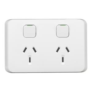 Clipsal 3025-XW Iconic Series GPO, Double, Powerpoint, Switchplug Combination, Single Pole, Flush, Horizontal, 250V 10A, 3 Pin, Matt White, Extra White