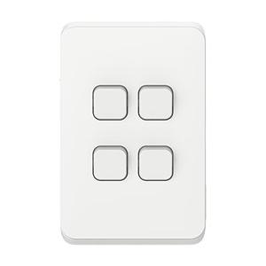 Clipsal 3044VA-XW  Iconic Series Switch, Single Pole, Flush, 4 Gang, Vertictal, 250V 10AX, 1 or 2 Way, Extreme White, Extra White