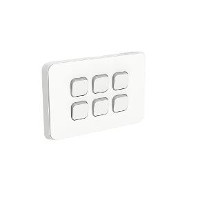 Clipsal 3046HA-VW  Iconic Series Switch, Single Pole, Flush, 6 Gang,  Horizontal, 250V 10AX, 1 or 2 Way, Vivid White