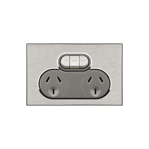 Clipsal 4025X-HS Saturn Series GPO, Double, Powerpoint, Switchplug Combination, With Non-Removeable Extra Switch,  Single Pole, Flush, Horizontal, 250V 10A, 3 Pin, Horizon Silver