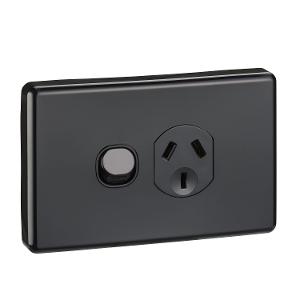 Clipsal C2015-BK Classic C2000 Series GPO, Single, Powerpoint, Switchplug Combination, Single Pole, Flush, Horizontal, 250V 10A, 3 Pin, Black