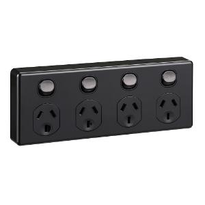 Clipsal C2015D4-BK Classic C2000 Series GPO, Quad, 4 Gang, Powerpoint, Switchplug Combination, Double Pole, Flush, Horizontal, 250V 10A, 3 Pin, Black