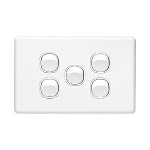 Clipsal C2035HA-WE Classic C2000 Series Switch, Single Pole, Flush, 5 Gang, Horizontal, 250V 10A, 1 or 2 Way, White Electric