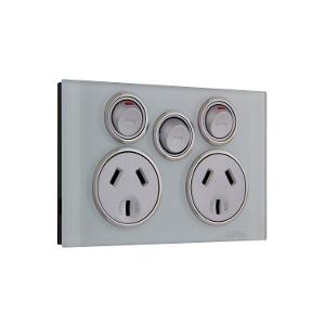 Clipsal 4025XA-OM Saturn Series GPO, Double, Powerpoint, Switchplug Combination, With Removeable Extra Switch,  Single Pole, Flush, Horizontal, 250V 10A, 3 Pin, Ocean Mist
