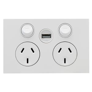 Clipsal Z4025USBC-ZW Saturn Zen Series GPO, Double, Powerpoint, Switchplug Combination, With Single USB Charging Outlet, Single Pole, Flush, Horizontal, 250V 10A, 3 Pin, Zen White