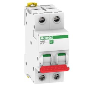 Clipsal MX9MC263R Max9 Series Miniature Circuit Breaker, MCB, 2 Pole, 63A, 415V, C Curve, 6KA, Din Rail Mount, 2 Module, With Red Toggle