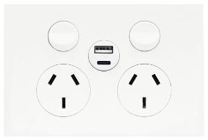 Hager WBQP2SUSBAC-MW Finesse Series GPO, Double, Powerpoint, Switchplug Combination, With Single USB Type A+C Charging Outlet, Single Pole, Flush, Horizontal, 250V 10A, 3 Pin, Matt White