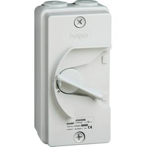 Hager JG332IN Isolator, Weatherproof, Hoseproof, IP66, Surface Mount, 3 Pole, 32A, 415V, Plastic, Grey