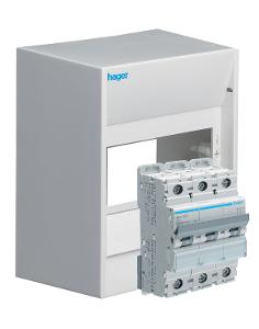 Hager GD363AQ Enclosed NDN363 3Pole 415V 63A D Curve Circuit Breaker in a GD104T Enclosure with Transparent Door & Label