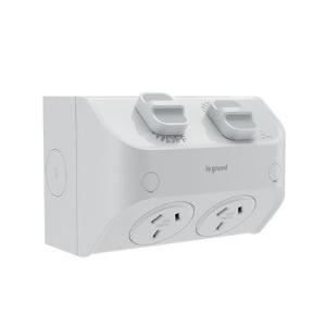Legrand WL777/2TLG Aqua Life Series Weatherproof GPO, IP53, Surface Mount, Horizontal, Double, 240V 10A, 3 Pin, 2 Sets of Terminals, Limestone Grey