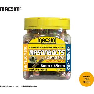 Macsim 04K08065 Masonbolts Hex Head Sleeve Bolt Anchor, Masonry Anchor, Dynabolt, Yellow Zinc Plated, 8mm x 65mm, Jar of 25